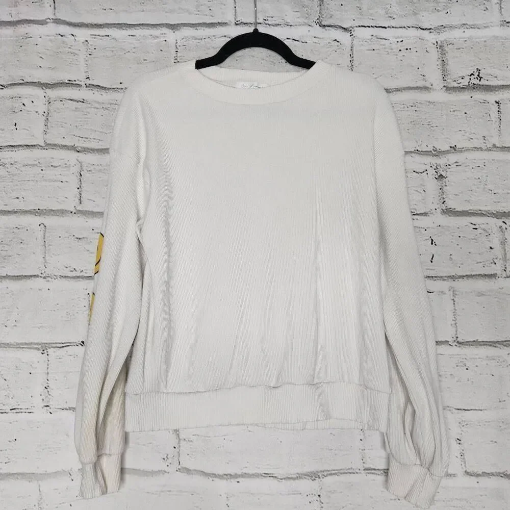 Ces Femme Womens White Ribbed Smiley Face Long Sleeve Pullover Sweatshirt Medium